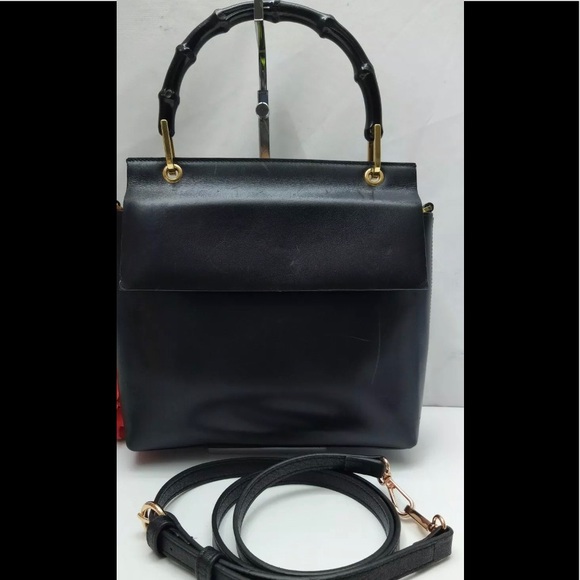 Gucci Bamboo Top Handle Black Leather 2 Ways Satchel Shoulder Bag - Vintage - Picture 1 of 12